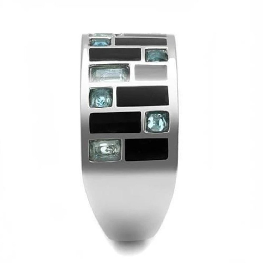 STAINLESS STEEL Sea Blue CZ Art Deco Band Ring - Picture 14 of 16